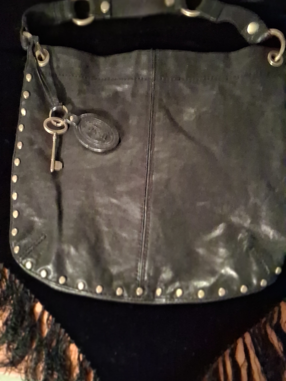 Fossil Black Leather Shoulder Bag with Key Charm and Stud Trim